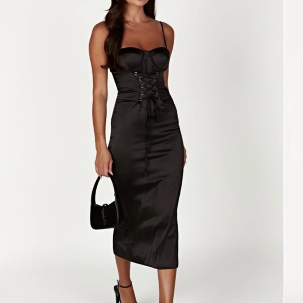 NEW Meshki CAMELIA Corset Midi Dress - Ivory XS Elegant Black Satin Corset Dress